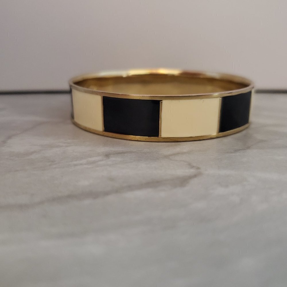 💕 Vintage 90s 1990s J.Crew Black Cream Striped Enamel Bangle Bracelet 💕 - Picture 5 of 12